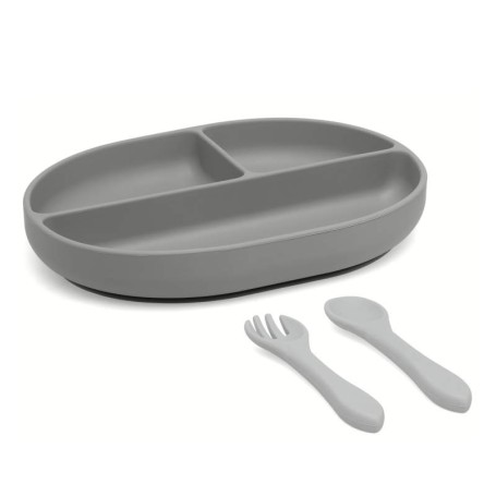 SET IN PAPPA POSATE E VASSOIO IN SILICONE GRIGIO KIOKIDS 04295