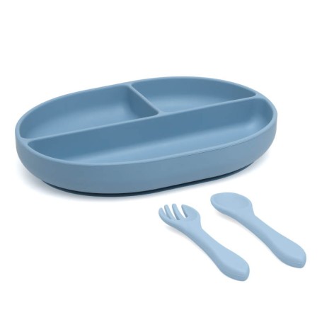 SET IN PAPPA POSATE E VASSOIO IN SILICONE BLU KIOKIDS 04292