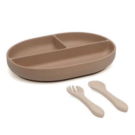 SET IN PAPPA POSATE E VASSOIO IN SILICONE BEIGE KIOKIDS 04298