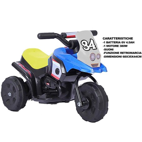 MOTO ELETTRICA PER BAMBINI 3 RUOTE BLU 6V CON RETROMARCIA E SUONI 7004
