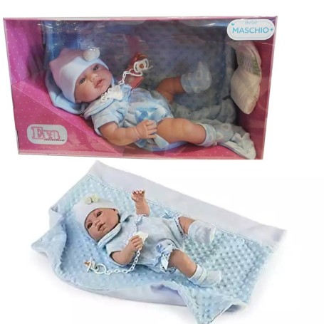 BAMBOLOTTO 42 CM CON PAGLIACCETTO AZZURRO, COPERTINA E CIUCCIO BERBESA HT 51171