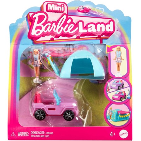 BAMBOLA BARBIE MINI BARBIELAND CON JEEP E TENDA CAMBIA COLORE MATTEL HYF38 HYF43