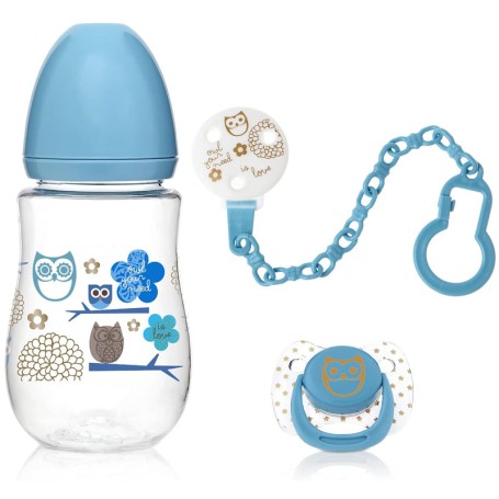 SET REGALO 3 IN 1 CON BIBERON, CIUCCIO E CATENELLA BLU KIOKIDS 2256